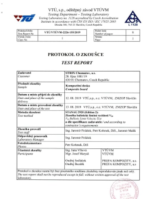 PREFASTRIX Protokol o zkoušce STANAG 2920 – CZ | EN
